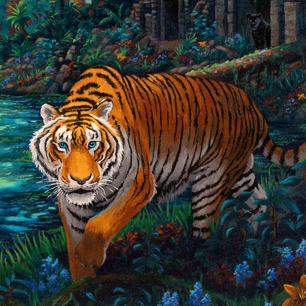 Jungle tiger. Королевский Радужный тигр. Тигр в джунглях. Картина тигр в лесу. Рисунок тигра в джунглях.