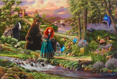 A painting of Disney & Pixar Film's movie, Brave depicting Merida, her mother as a bear, and her horse, Angus walking in a green landscape about to cross a river.