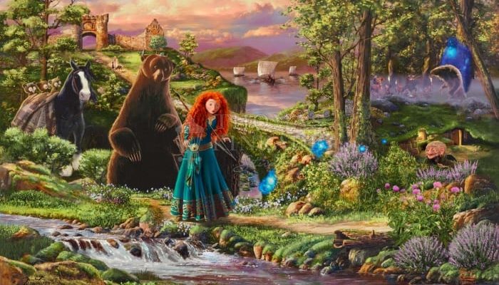 A painting of Disney & Pixar Film's movie, Brave depicting Merida, her mother as a bear, and her horse, Angus walking in a green landscape about to cross a river.